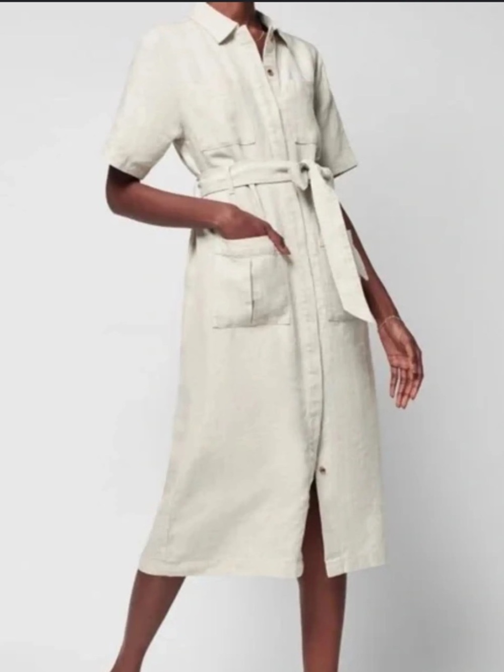 Faherty Linen Lita Maxi Button Down Dress Belted Tan Birch